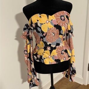 Etiquette Clothiers Yellow and Pink Ruffled Bell Sleeve Blouse